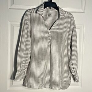 Pure Linen Shirt Women US 8 Brown White Striped Long Sleeve Pullover Lagenlook